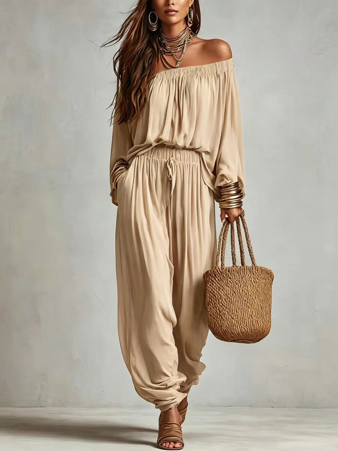 Damen Off-Shoulder Jumpsuit mit elastischem Taillenbund und weitem Plissee-Hosenbein Shop Nory