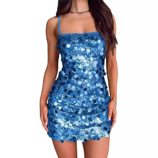 Damen Glitzerndes Minikleid mit Spiralmuster und Spaghettiträgern
