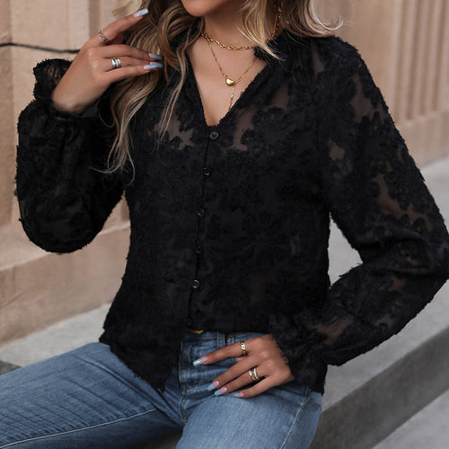 Damen Transparente Chiffon-Bluse mit floraler Flockapplikation, Knopfleiste und Rüschenmanschetten Shop Nory