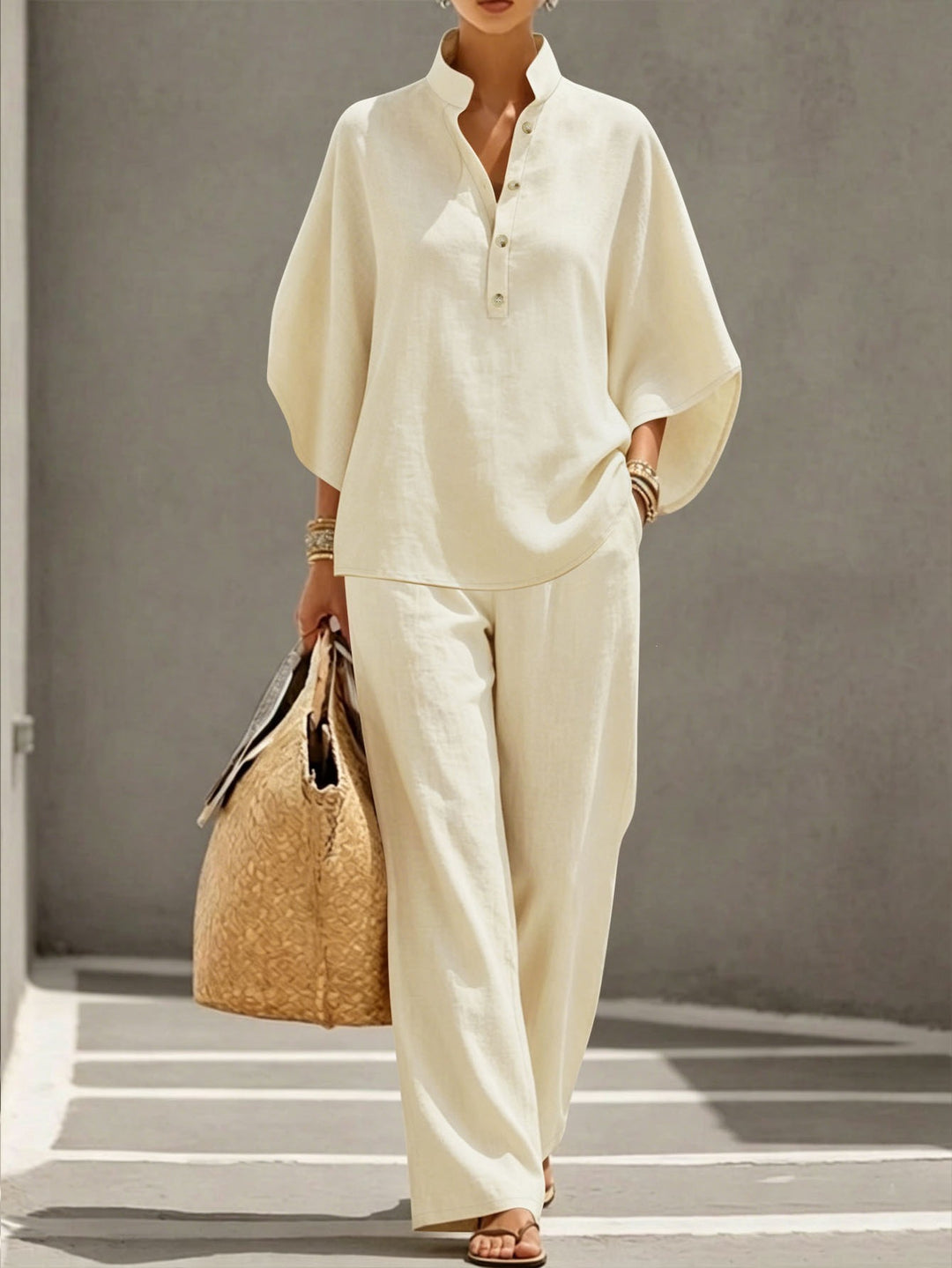 Damen Lässiges Zweiteiler‑Set mit Stehkragen‑Henleytop und weitem High‑Waist Palazzo‑Hose Shop Nory