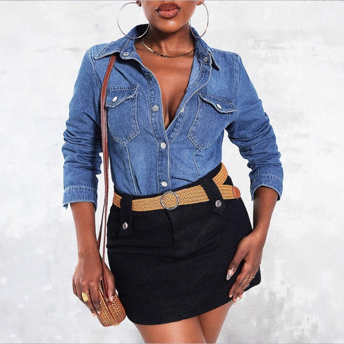 Damen tailliertes Denim‑Hemd mit Pattentaschen und Druckknopf‑Front Shop Nory