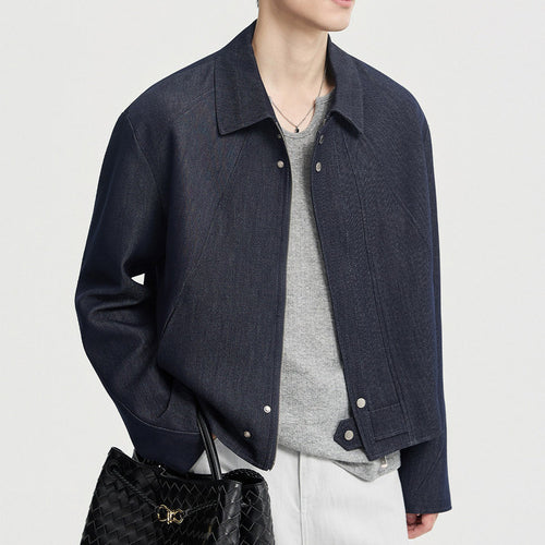 Herren Boxy-Jeansjacke im Minimalstil mit Hemdkragen und verdeckter Druckknopfblende Shop Nory