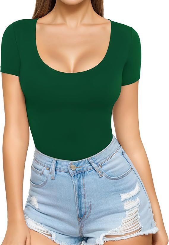 Damen figurbetontes Kurzarm-Body mit rundem Ausschnitt und nahtlosem Design