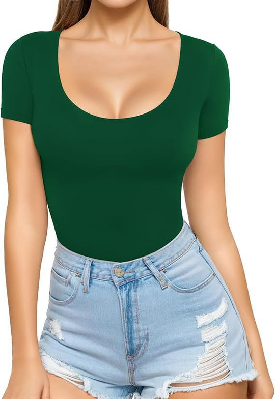 Damen figurbetontes Kurzarm-Body mit rundem Ausschnitt und nahtlosem Design