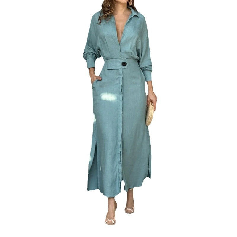 Damen Maxikleid aus leichtem Leinen mit eleganter Knopfleiste und praktischen Seitenschlitzen