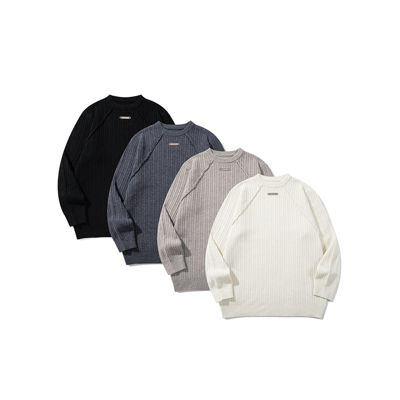 Unisex Strukturierter Waffelstrick-Rundhalspullover mit Raglanärmeln und Metall-Logo Shop Nory