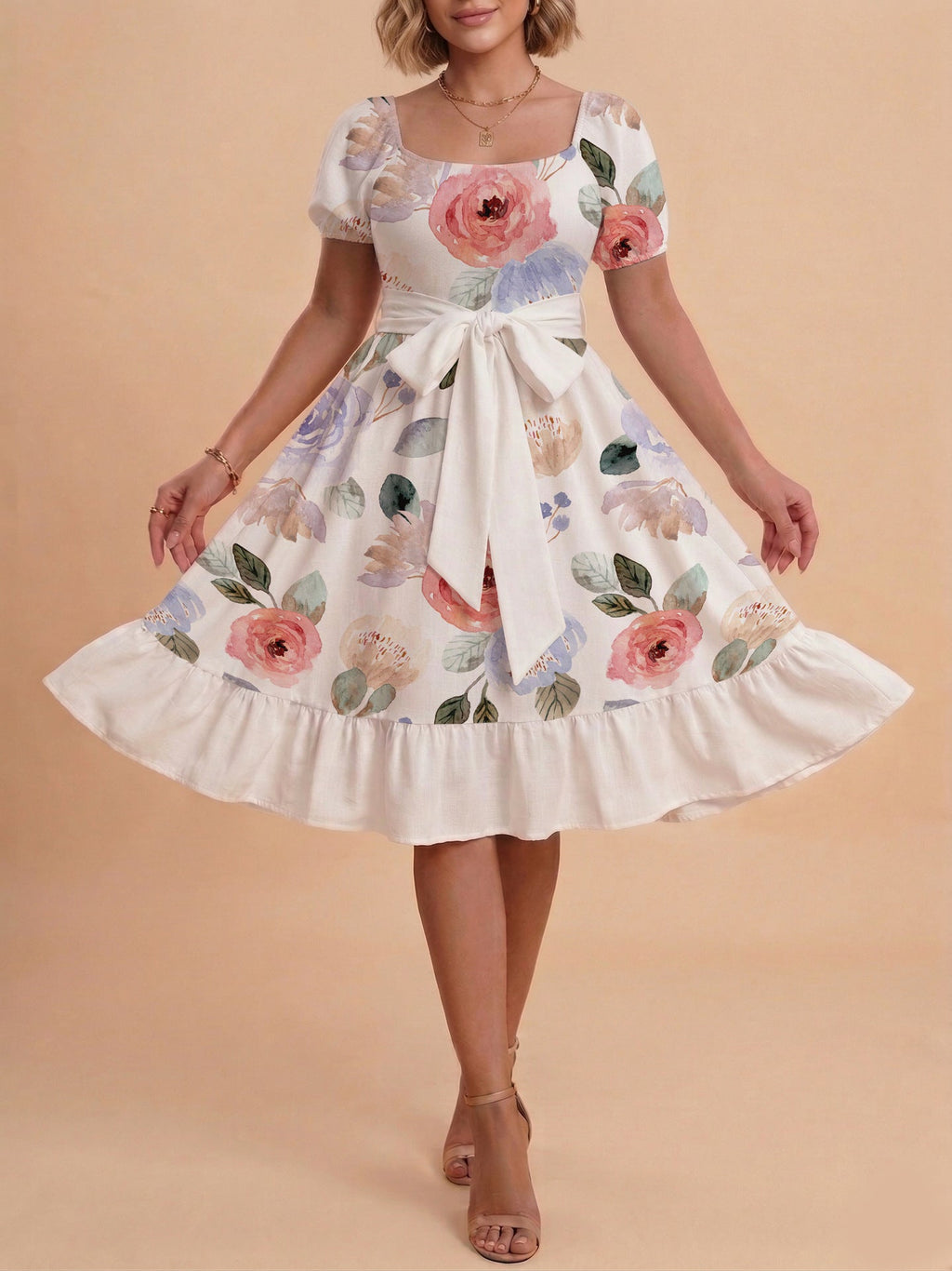 Damen Sommerliches Blumenkleid mit taillierbarem Gürtel und voluminösen Ärmeln