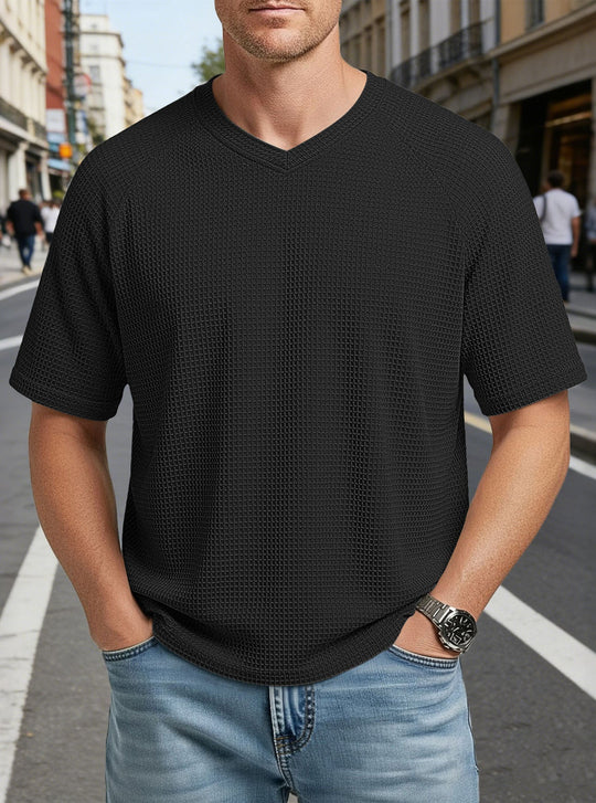 Herren nan lässiges V-Ausschnitt Waffelstrick-T-Shirt aus atmungsaktivem Baumwollmix