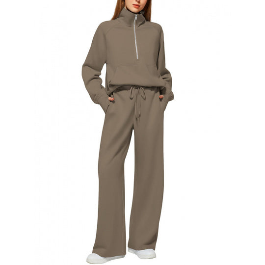 Damen Zweiteiliges Lounge-Set mit Halbreißverschluss, Stehkragen und weiter Palazzohose Shop Nory