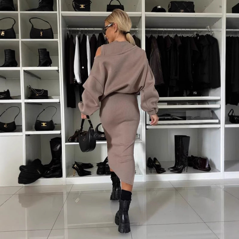Damen Bequemes Sweatset mit Ein-Schulter-Ausschnitt und Taillierter Midi-Rock Shop Nory