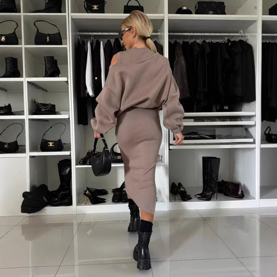 Damen Bequemes Sweatset mit Ein-Schulter-Ausschnitt und Taillierter Midi-Rock Shop Nory