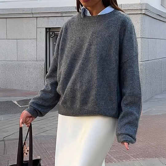 Damen nan kuscheliger Oversize-Strickpullover mit Rundhalsausschnitt und voluminösen Ballonärmeln Shop Nory