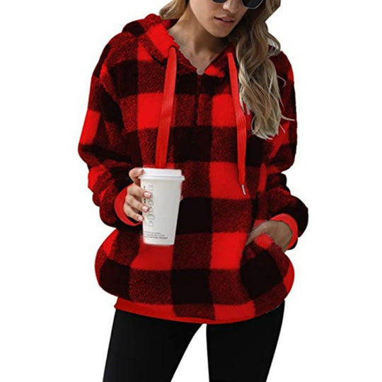 Damen Oversized Sherpa-Hoodie im Karomuster mit halbem Reißverschluss und Kängurutasche Shop Nory