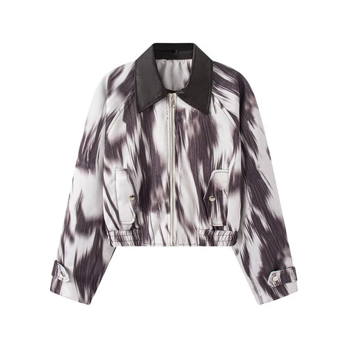 Damen Kurze Bomberjacke im Cropped-Style mit kontrastiertem Kunstlederkragen und abstraktem Print Shop Nory