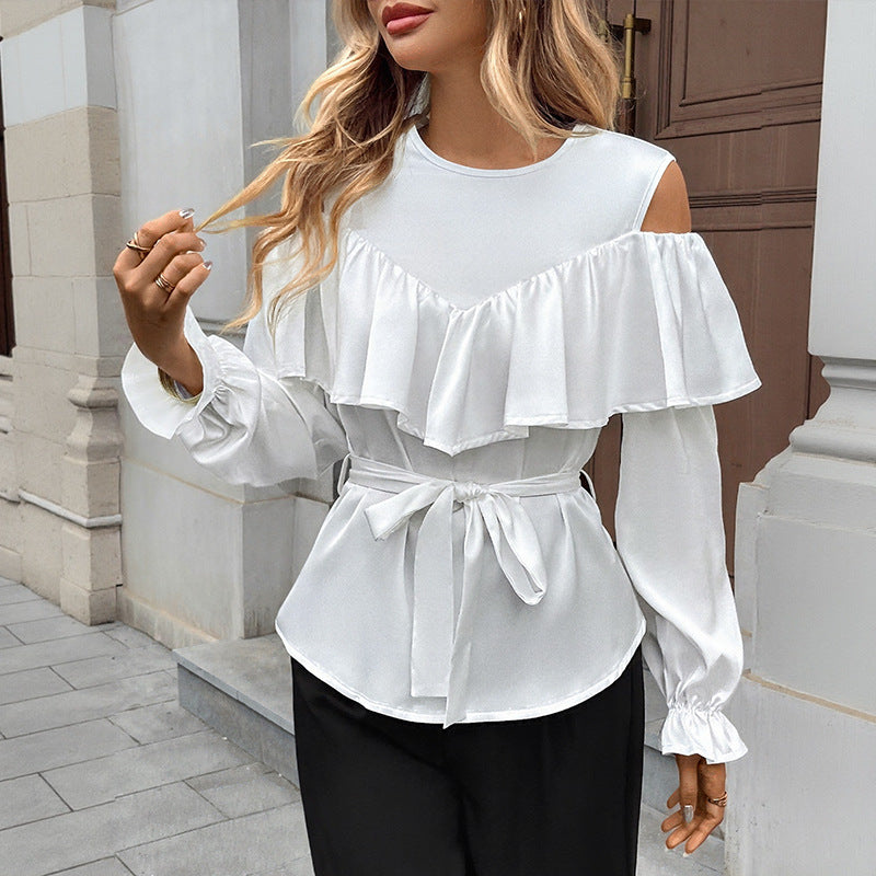 Damen Elegant-Volant-Bluse mit Cut-Out-Schulter und Bindegürtel Shop Nory