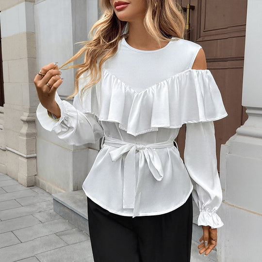 Damen Elegant-Volant-Bluse mit Cut-Out-Schulter und Bindegürtel Shop Nory