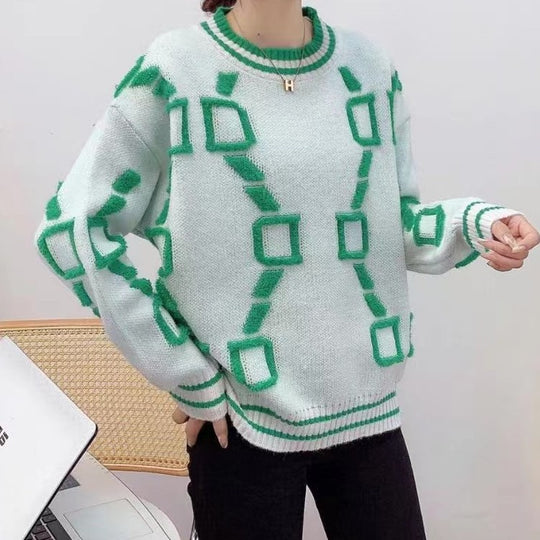 Damen Oversize Strickpullover mit geometrischem Jacquardmuster und gerippten Bündchen Shop Nory