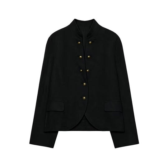 Damen Taillierter Stehkragen-Blazer mit dekorativen Metallknöpfen Shop Nory