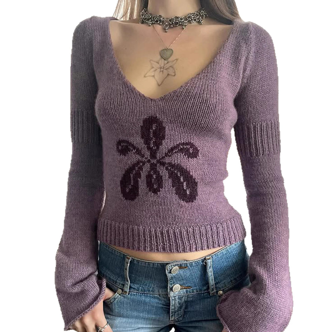 Damen nan kurzes Feinstrick V‑Pullover mit floralem Intarsienmotiv und ausgestellten Trompetenärmeln Shop Nory