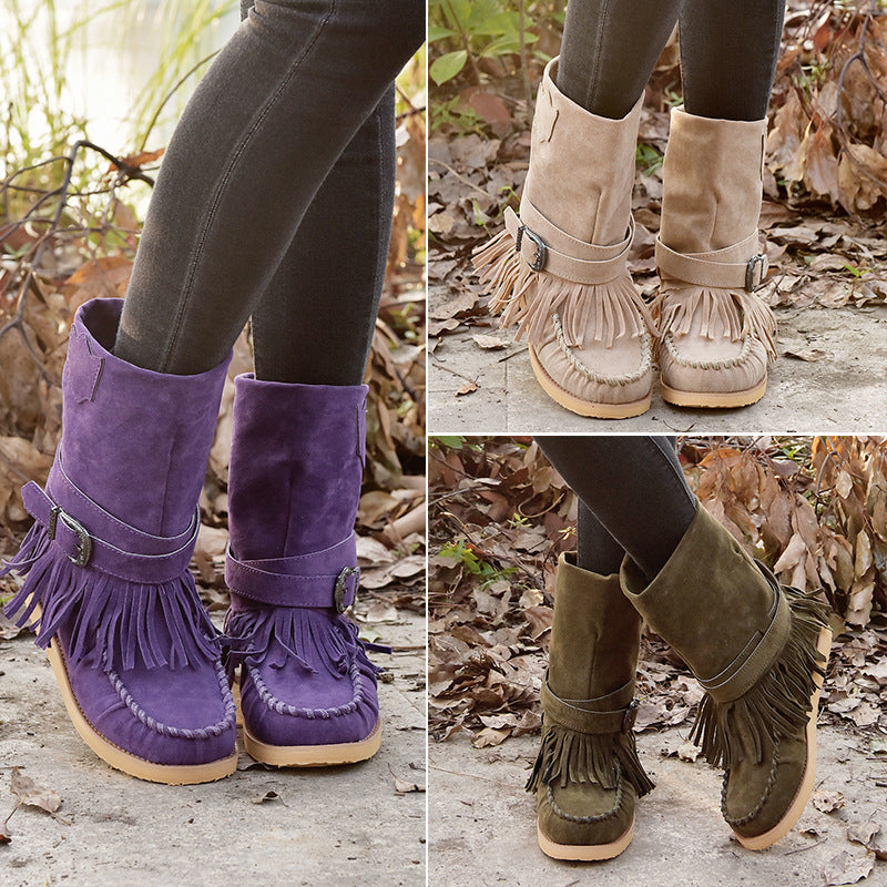 Damen Mokassin-Stiefel mit fransigen Details und modischer Schnalle