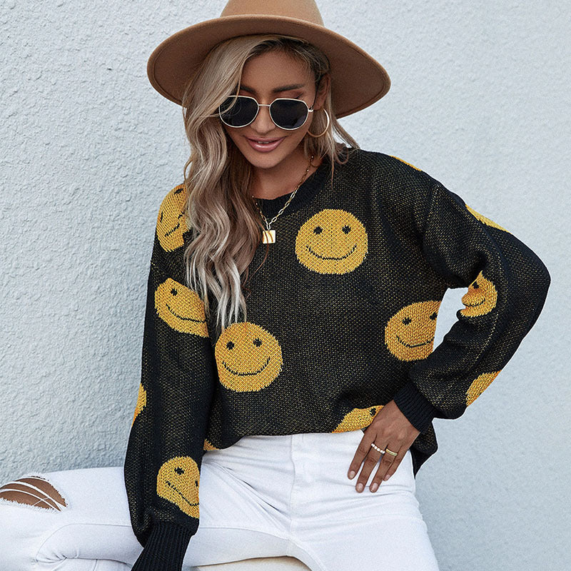 Damen lässiger Strickpullover mit Smiley‑Jacquard und Rundhalsausschnitt Shop Nory