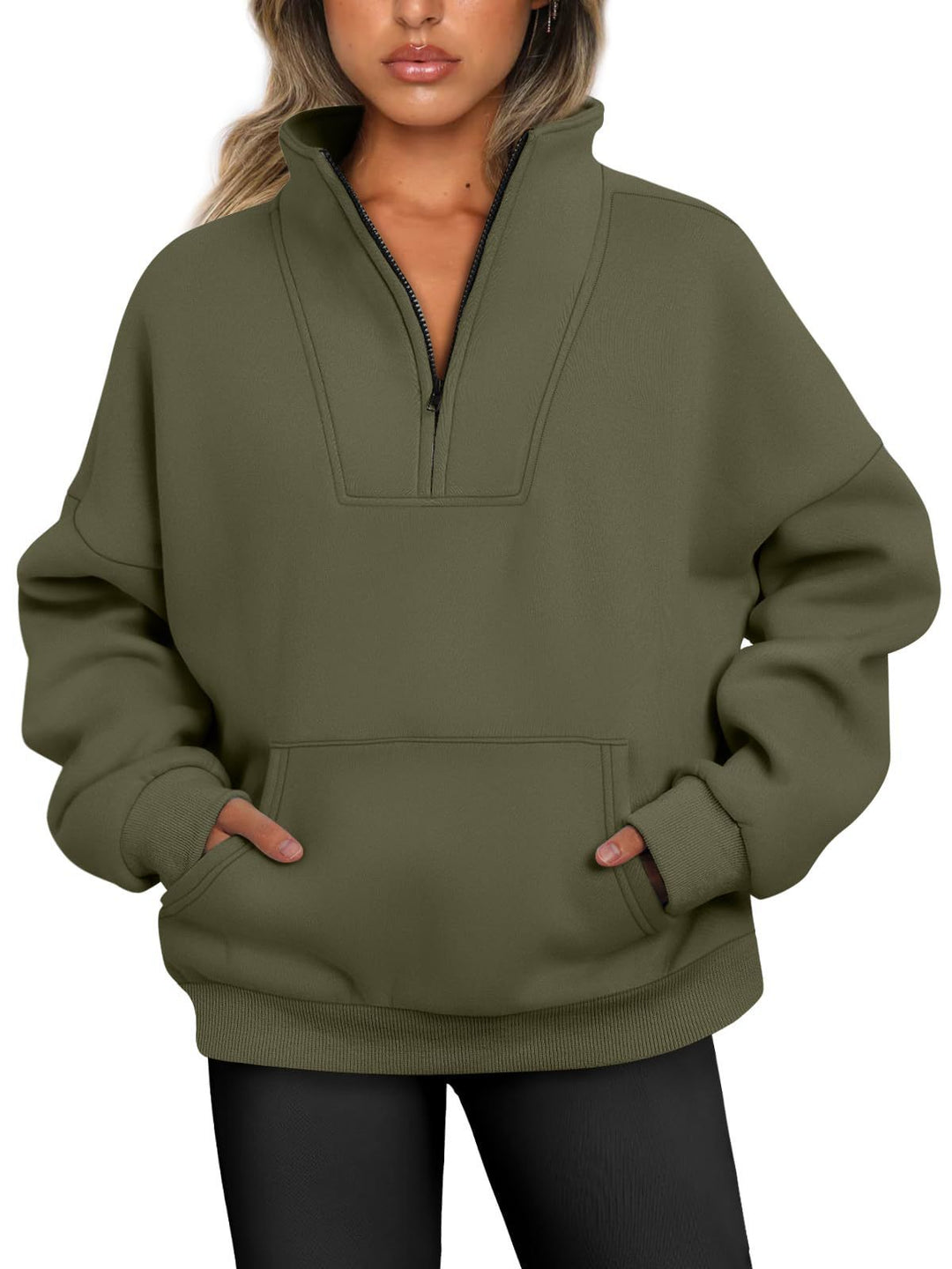 Damen nan oversized Halbzip-Hoodie mit hohem Stehkragen, Kängurutasche und gerippten Bündchen Shop Nory
