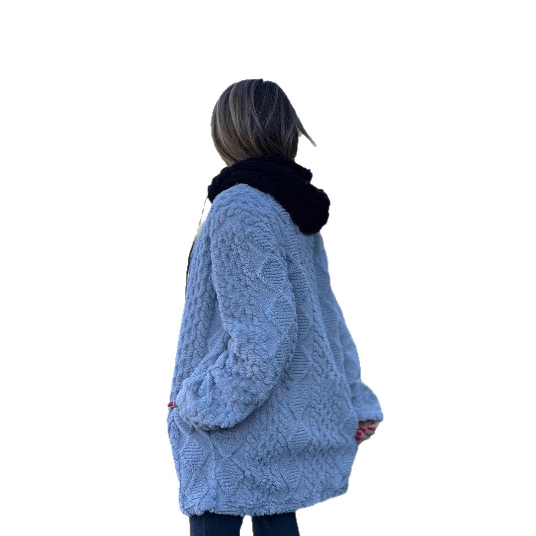 Damen nan oversized Teddy-Manteljacke mit Kontrastkapuze, Reißverschluss und Eingrifftaschen Shop Nory