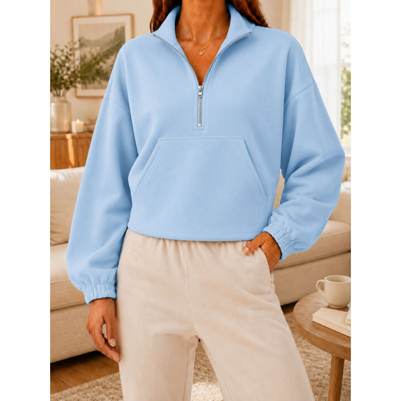 Damen Kurz geschnittener Sweatshirt-Pullover mit halbem Reißverschluss und Kängurutasche Shop Nory
