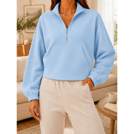 Damen Kurz geschnittener Sweatshirt-Pullover mit halbem Reißverschluss und Kängurutasche Shop Nory