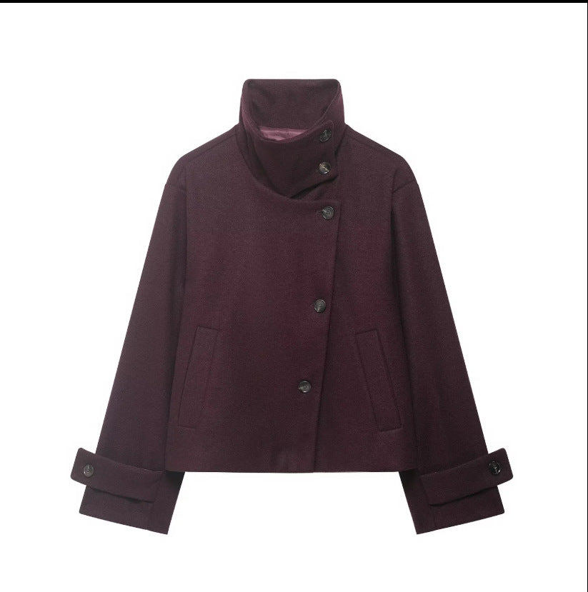 Damen Cropped Wollmix-Kurzjacke mit hohem Stehkragen, asymmetrischer Knopfleiste und Krempelmanschetten Shop Nory