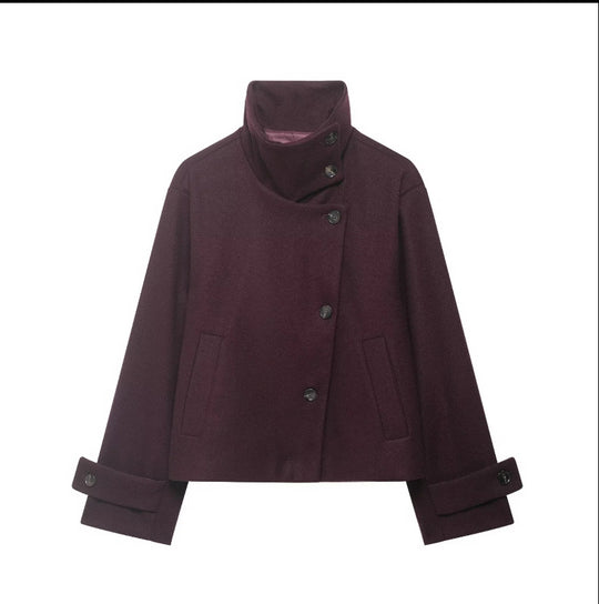 Damen Cropped Wollmix-Kurzjacke mit hohem Stehkragen, asymmetrischer Knopfleiste und Krempelmanschetten Shop Nory