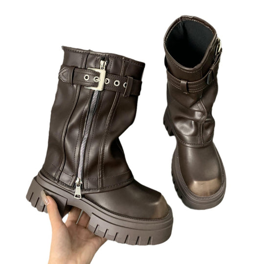 Damen Halbhohe Biker-Stiefel mit Reißverschluss, Schnallenriemen und grober Plateausohle Shop Nory