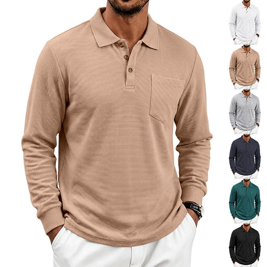 Herren Waffelstrukturiertes Langarm-Poloshirt mit Brusttasche und Holzknopfleiste Shop Nory