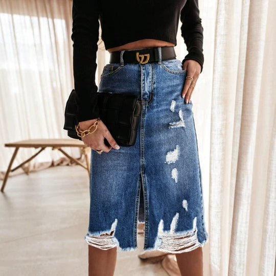 Damen Taillenhoher Destroyed-Denim Midirock mit mittigem Frontschlitz und ausgefranstem Saum Shop Nory