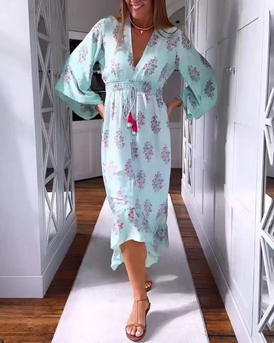 Damen nan luftig-fließendes Boho-Midikleid mit V-Ausschnitt, geraffter Smock-Taille, Kordelzug mit Quasten und asymmetrischem Volant-Saum