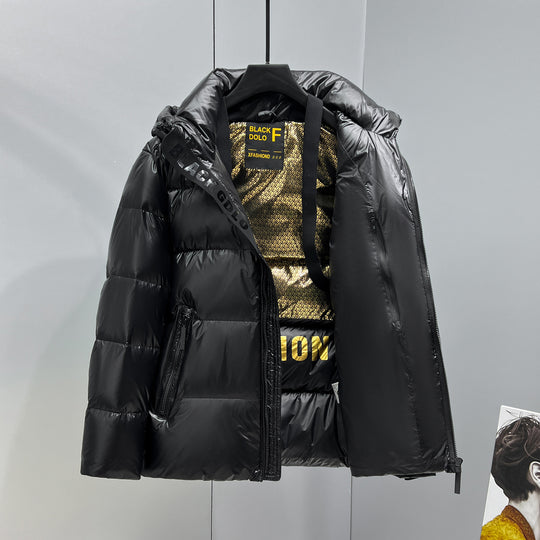Herren glänzende gesteppte Daunenjacke mit Kapuze und hohem Kragen Shop Nory