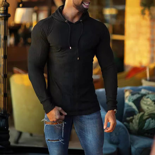 Herren eng anliegendes Rippstrick-Kapuzenlongsleeve mit Slim-Fit und Elastikanteil Shop Nory