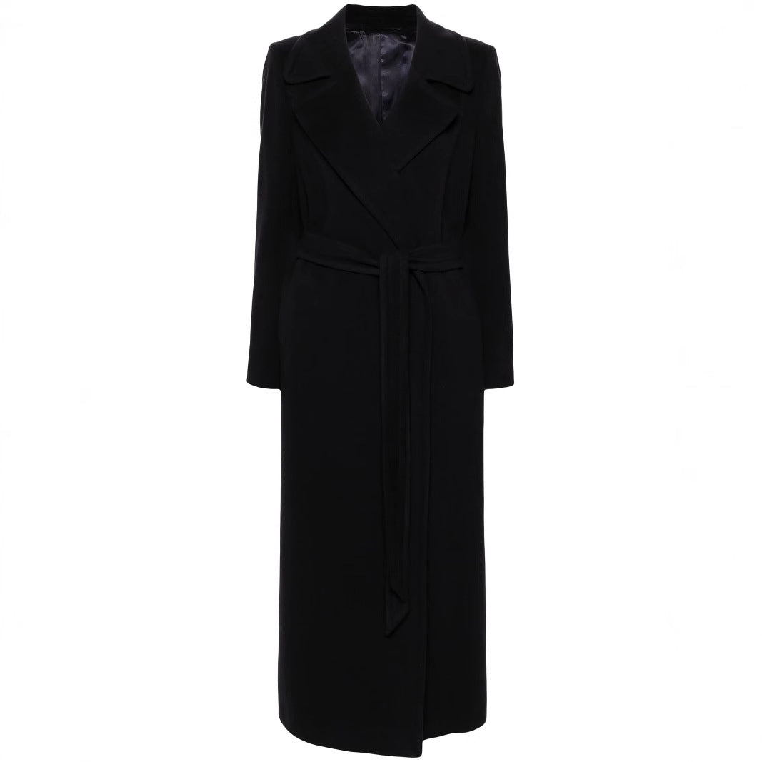 Damen Langer Wickelcoat aus Wollmix mit Bindegürtel und breitem Revers Shop Nory