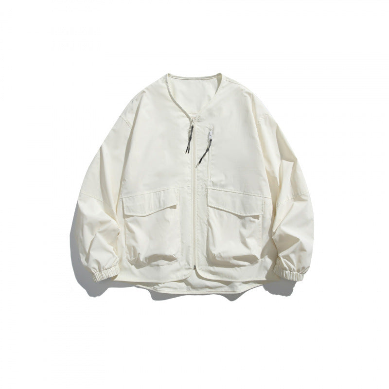 Unisex Leichte Oversize-Utility-Jacke ohne Kragen mit Frontreißverschluss und aufgesetzten Pattentaschen Shop Nory