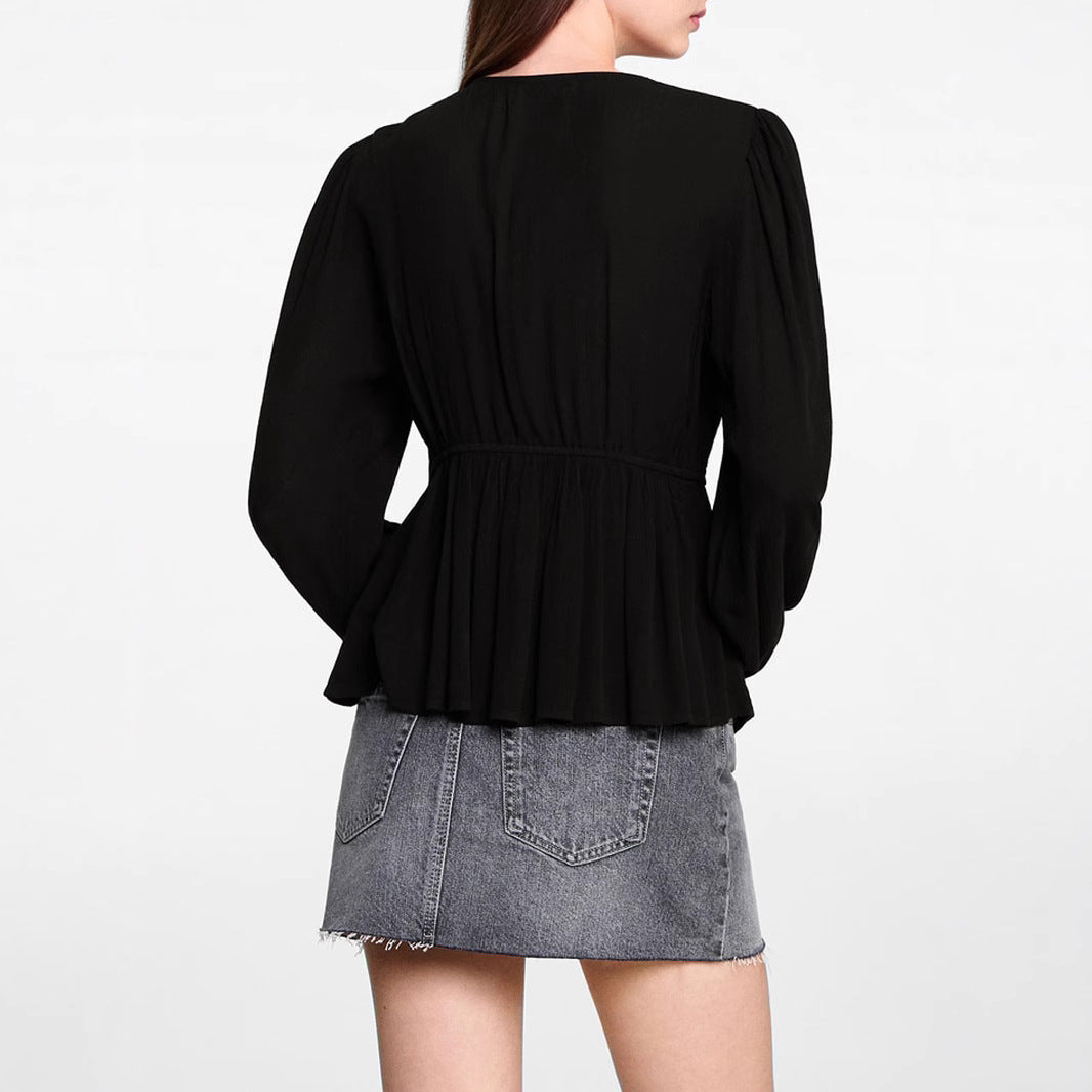 Damen Schößchenbluse aus strukturiertem Viskosegewebe mit V‑Ausschnitt und Knopfleiste Shop Nory