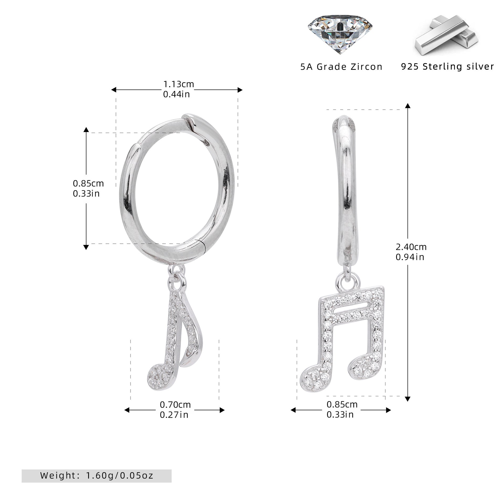 Damen Ohrhänger mit musikalischem Notenmotiv aus 925 Sterling Silber Shop Nory