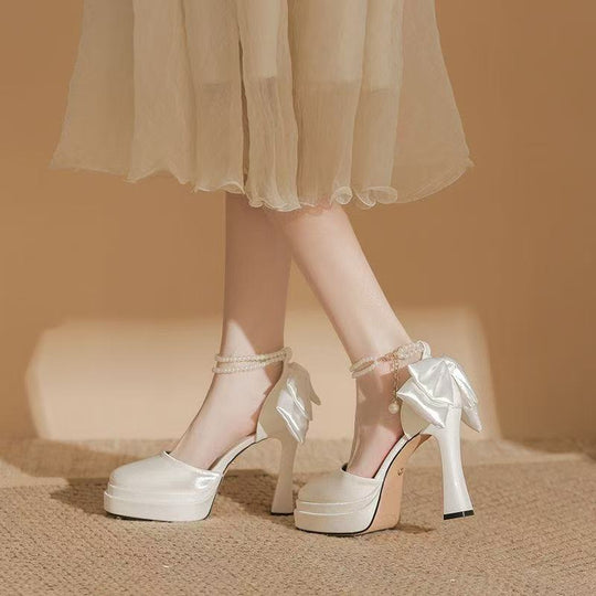 Damen Satin-Plateau-Pumps mit dekorativer Schleife und verstellbarem Knöchelriemen Shop Nory