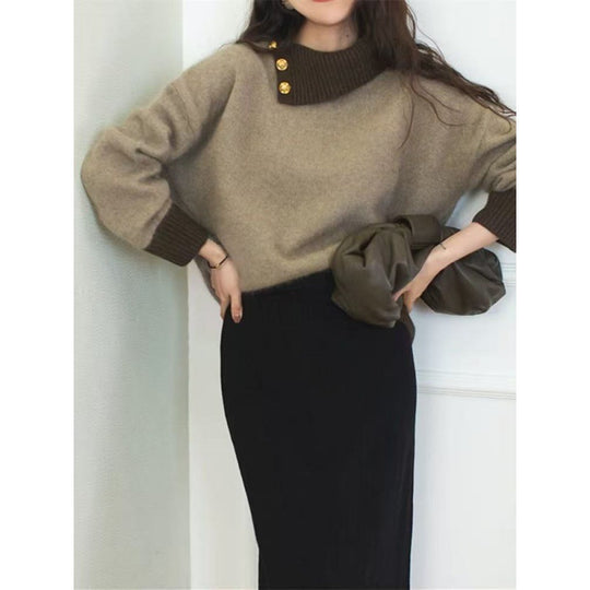 Damen Kurzgeschnitteter Pullover mit asymmetrischem Knopf‑Mockneck und Ballonärmeln Shop Nory