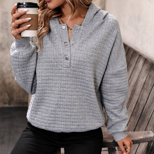 Damen Gestepptes Waffelstrick-Henley-Hoodie mit Druckknopfleiste Shop Nory