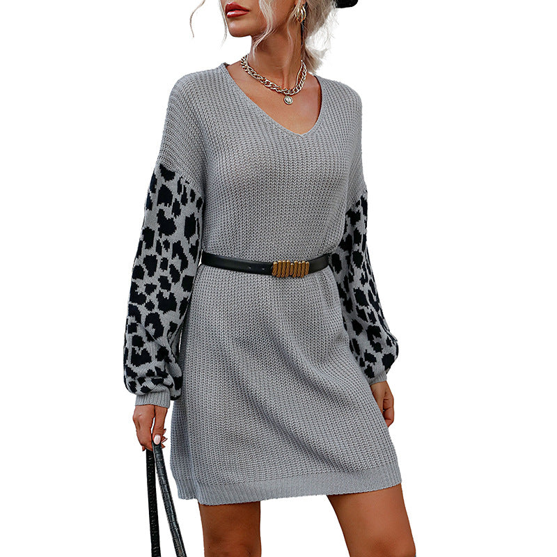 Damen Gestricktes V-Ausschnitt Pulloverkleid mit Ballonärmeln und Leo-Ärmeldetail Shop Nory