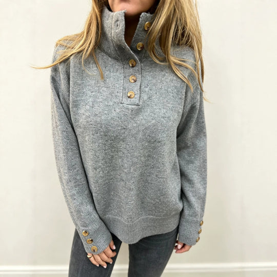 Damen Strickpullover mit hohem Knopfkragen, dekorativer Frontleiste und Zierknöpfen Shop Nory