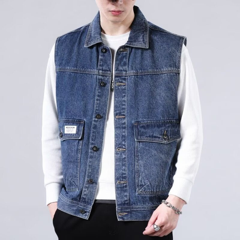 Herren Ärmellose Jeans-Workerweste mit Pattentaschen und kastiger Passform Shop Nory