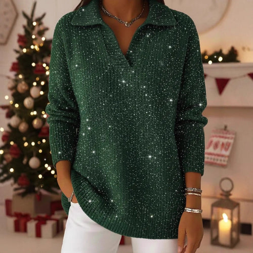 Damen Eleganter V-Pullover mit glänzenden Akzenten