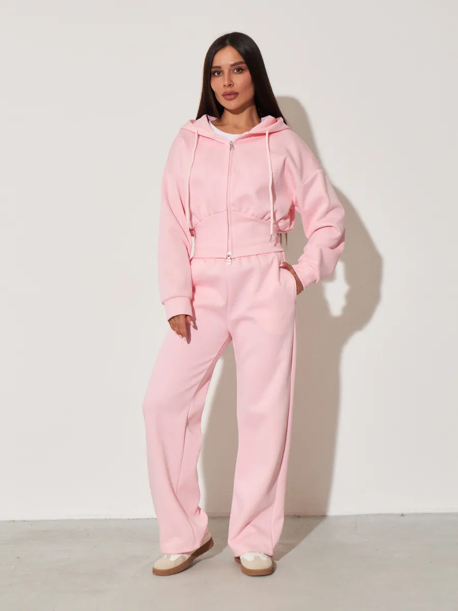 Damen kurzes Kapuzen-Zipshirt mit tailliertem Tunnelzug und weit geschnittene High-Waist-Loungehose Shop Nory