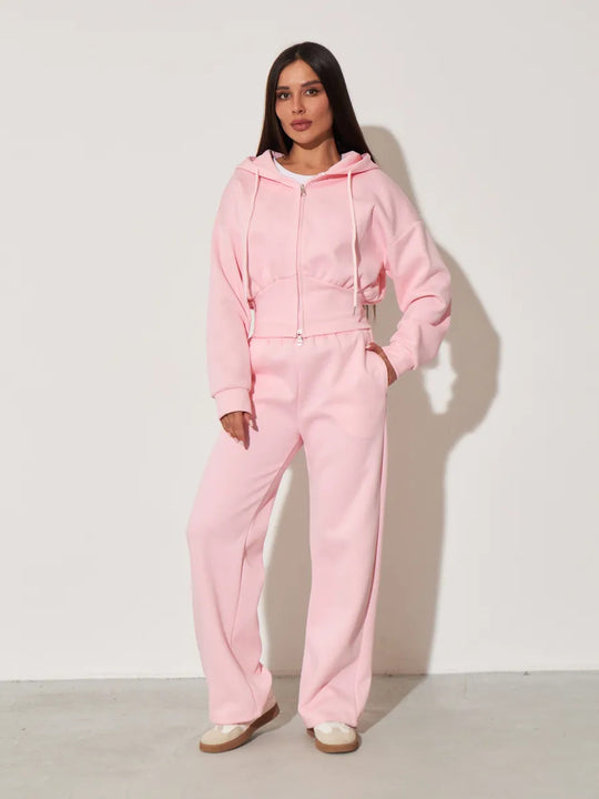 Damen kurzes Kapuzen-Zipshirt mit tailliertem Tunnelzug und weit geschnittene High-Waist-Loungehose Shop Nory